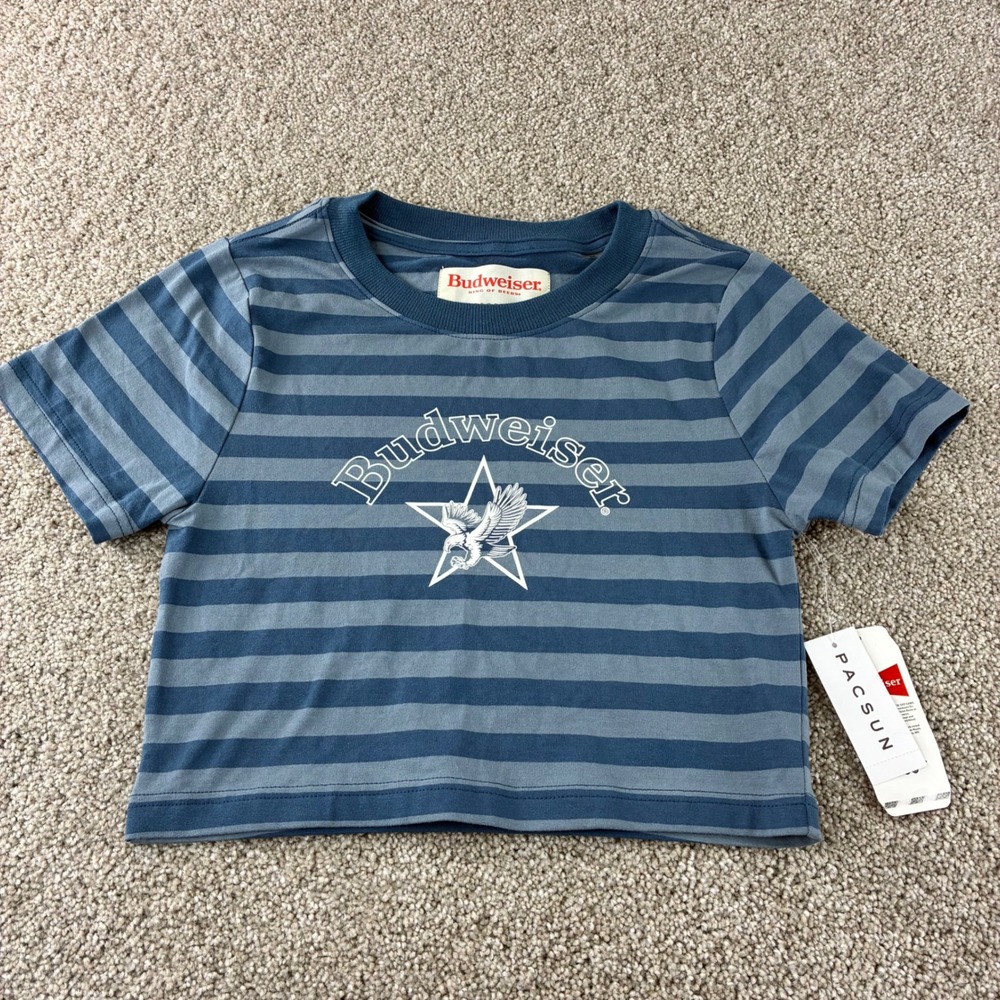 NWT PacSun Budweiser Crop Top Striped Blue Graphic‎ T Shirt Women's Size M